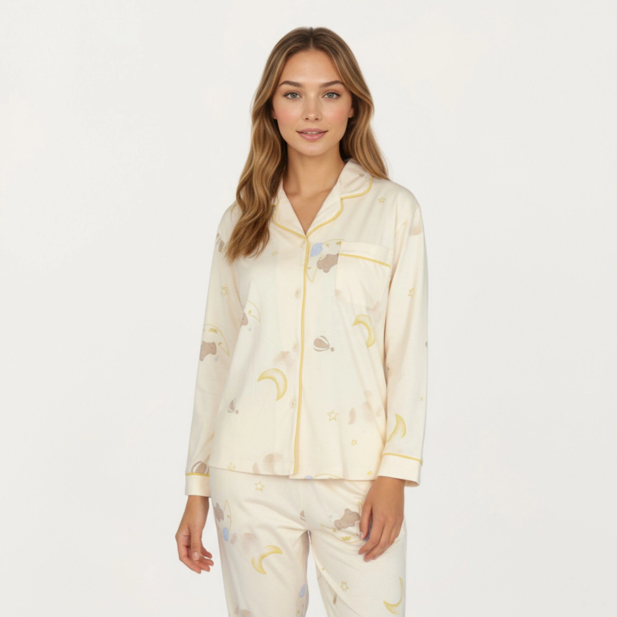 Anna-Kaci Women's 2-Piece Long Sleeve Button Front Top and Relaxed Fit Pants Pajama Set with Moon Star Print