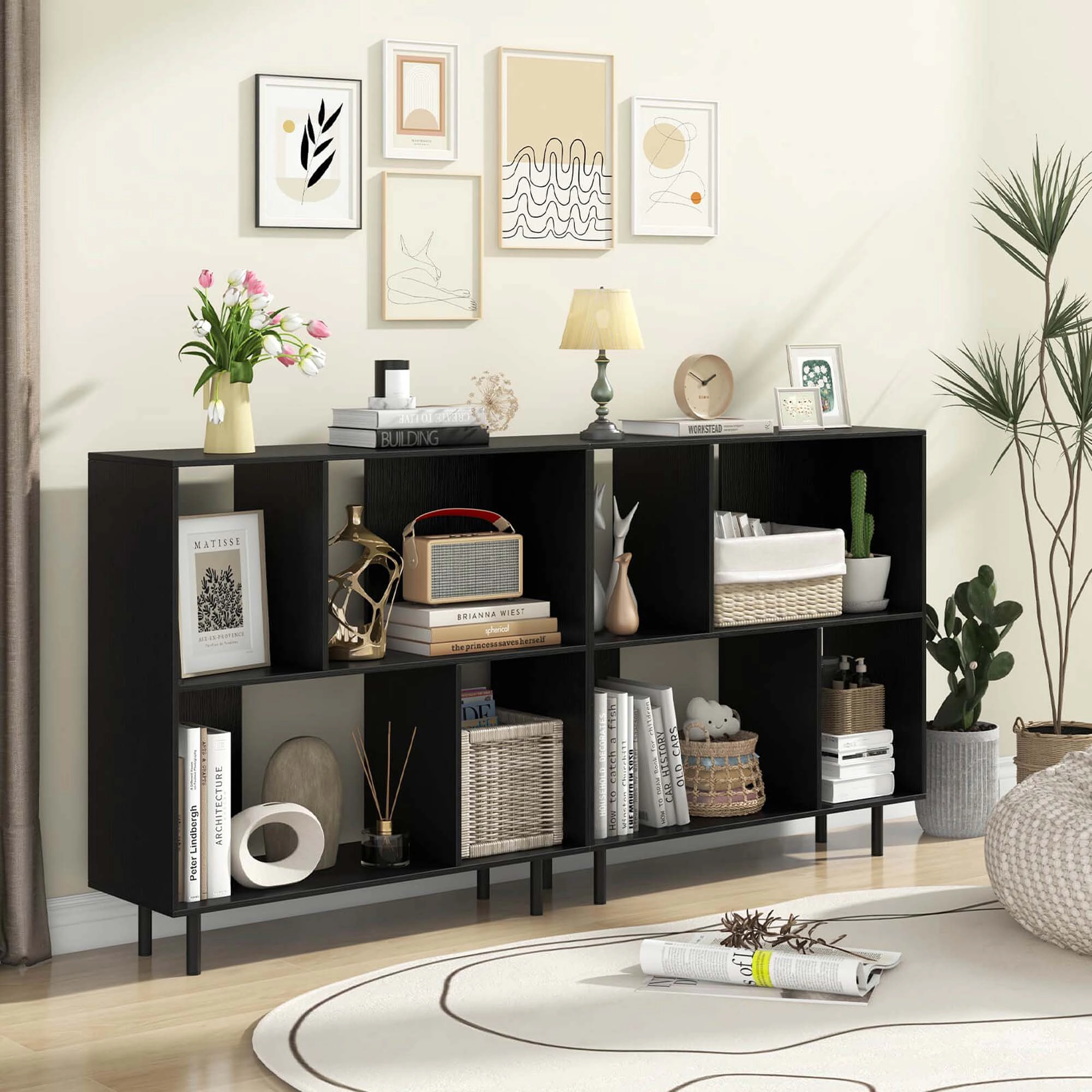 Costway Open Shelf Bookcase Mid Century Modern Cube Bookshelf with 4 Compartments Black