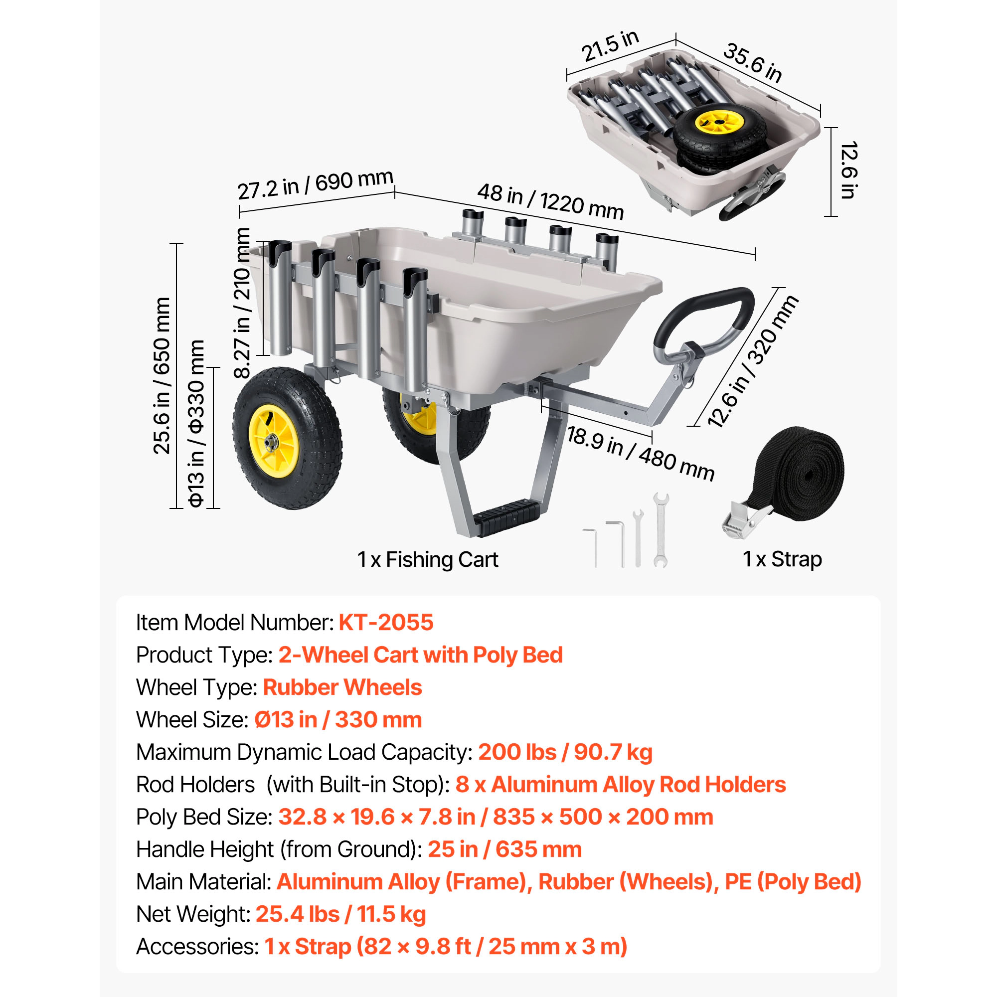 HONGGE Beach Fishing Cart with Poly Bed, 200 lb Capacity, 13-Inch All-Terrain Wheels, 8 Rod Holders for Camping Picnic