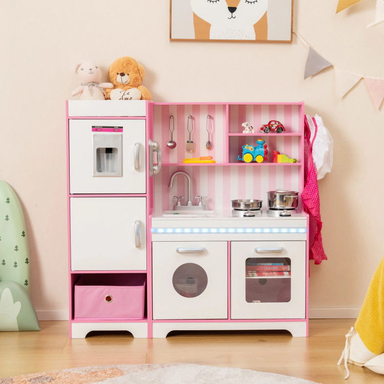 Hivvago Kids Kitchen Playset Wooden Toy with Adjustable LED Lights and Washing Machine