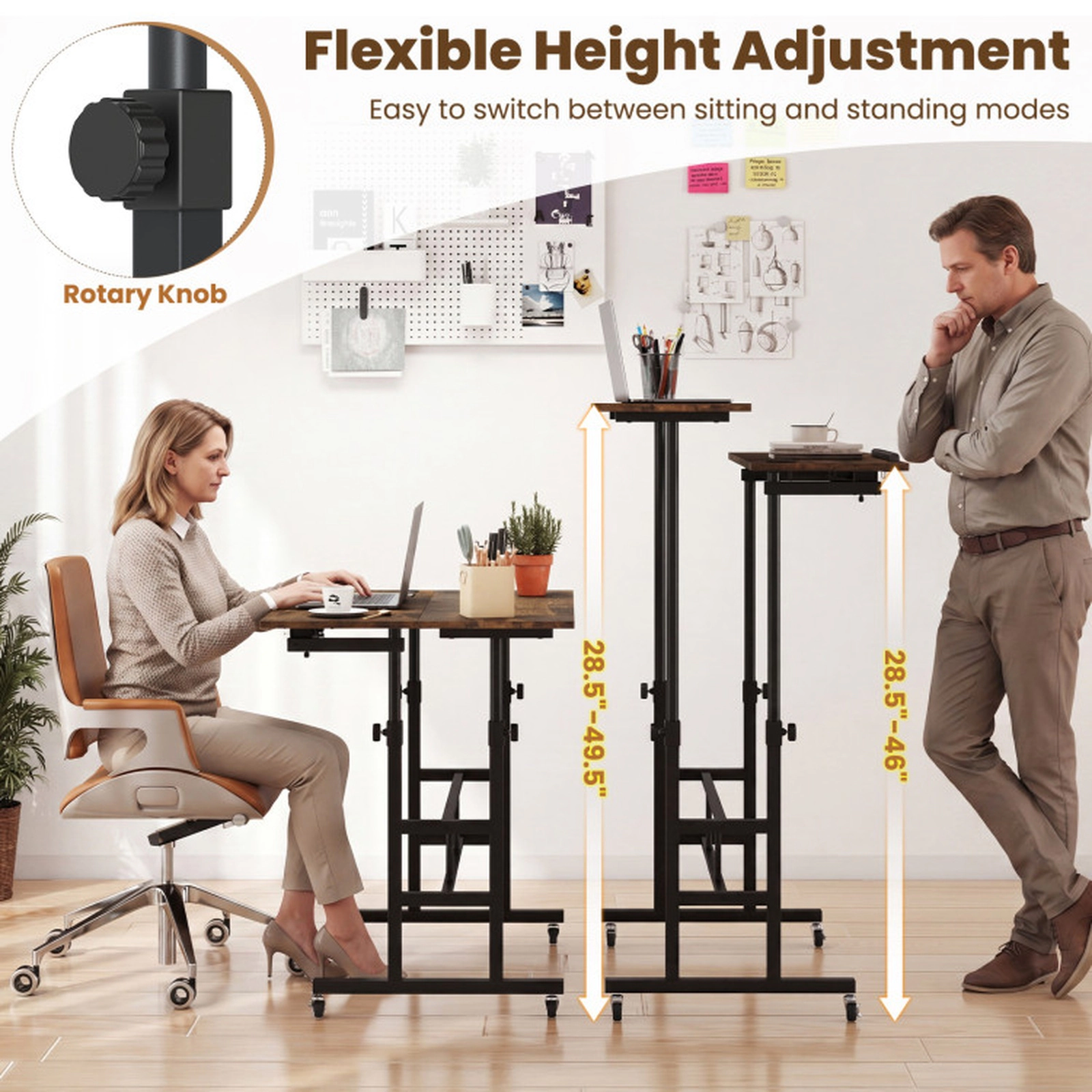 SUGIFT Rustic Brown Power Outlets and Rolling Laptop Cart Height Adjustable Mobile Standing Desk
