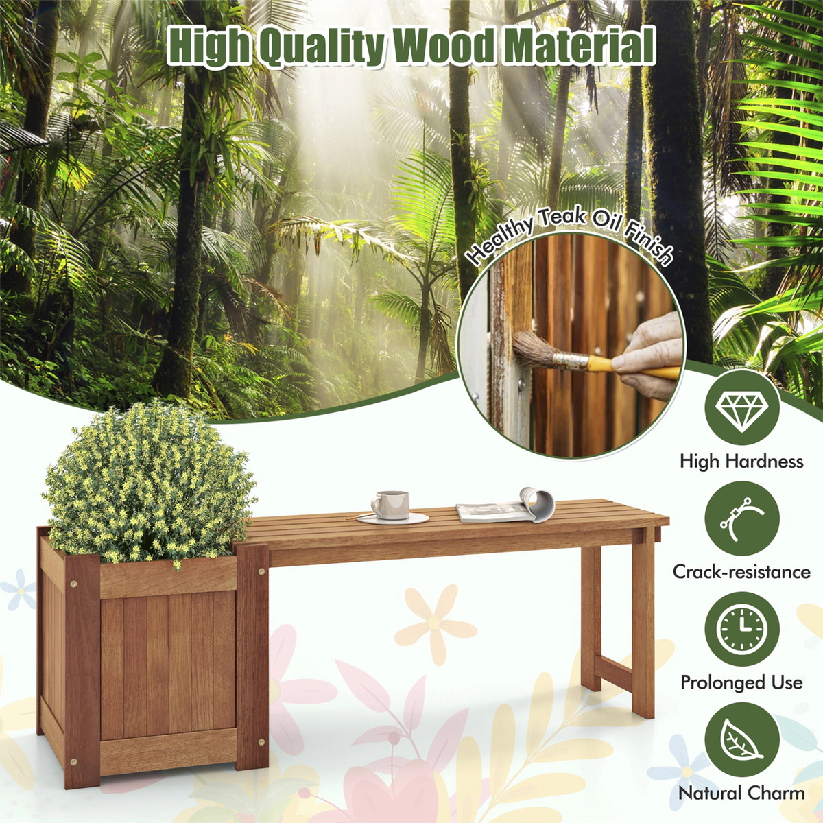 SUGIFT 54-In Solid Wood Planter Bench, 220-Lb Capacity, Natural Teak Finish