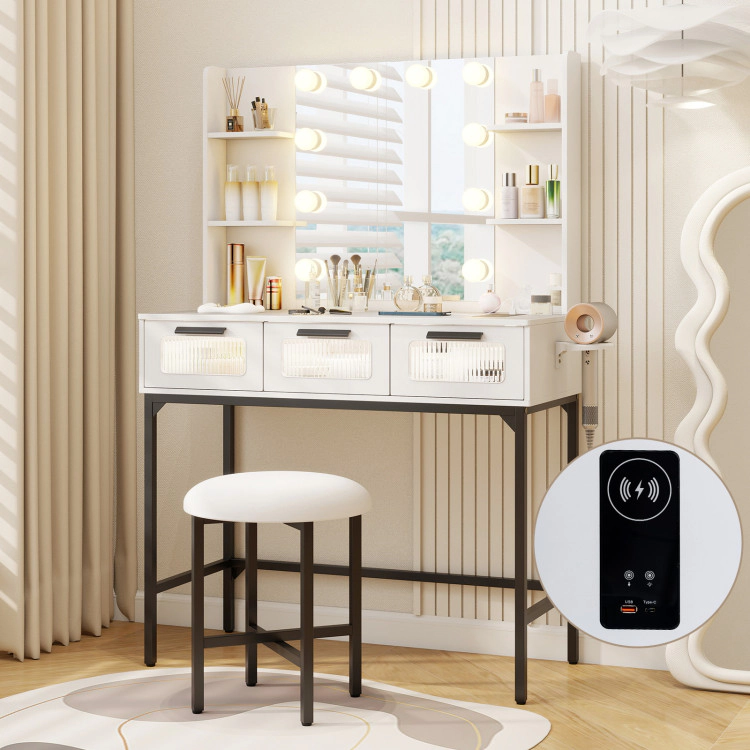 Hivvago Bedroom Makeup Vanity Desk With Hollywood Mirror And Lights-White