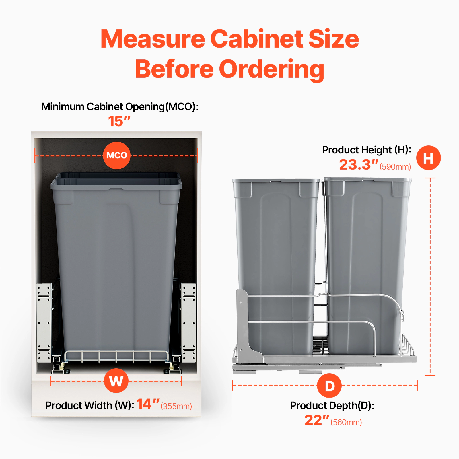 HONGGE Pull-Out Trash Can x2 Double Under Mount Kitchen Waste Container Heavy Duty Garbage Recycling Bin with Door Kit