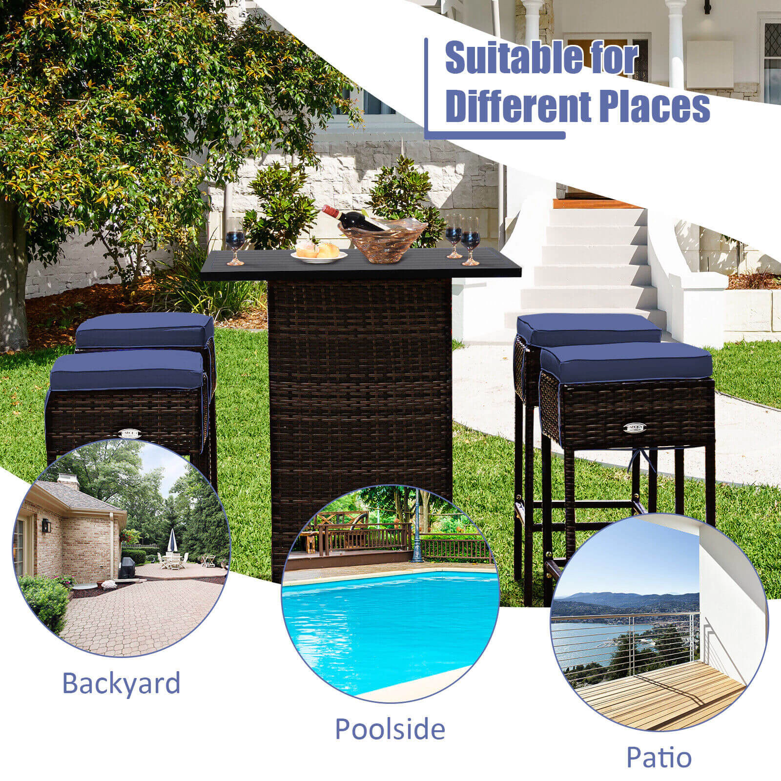LJG 5 Pieces Patio Rattan Bar Table Stool Set Hidden Storage Shelf Cushioned