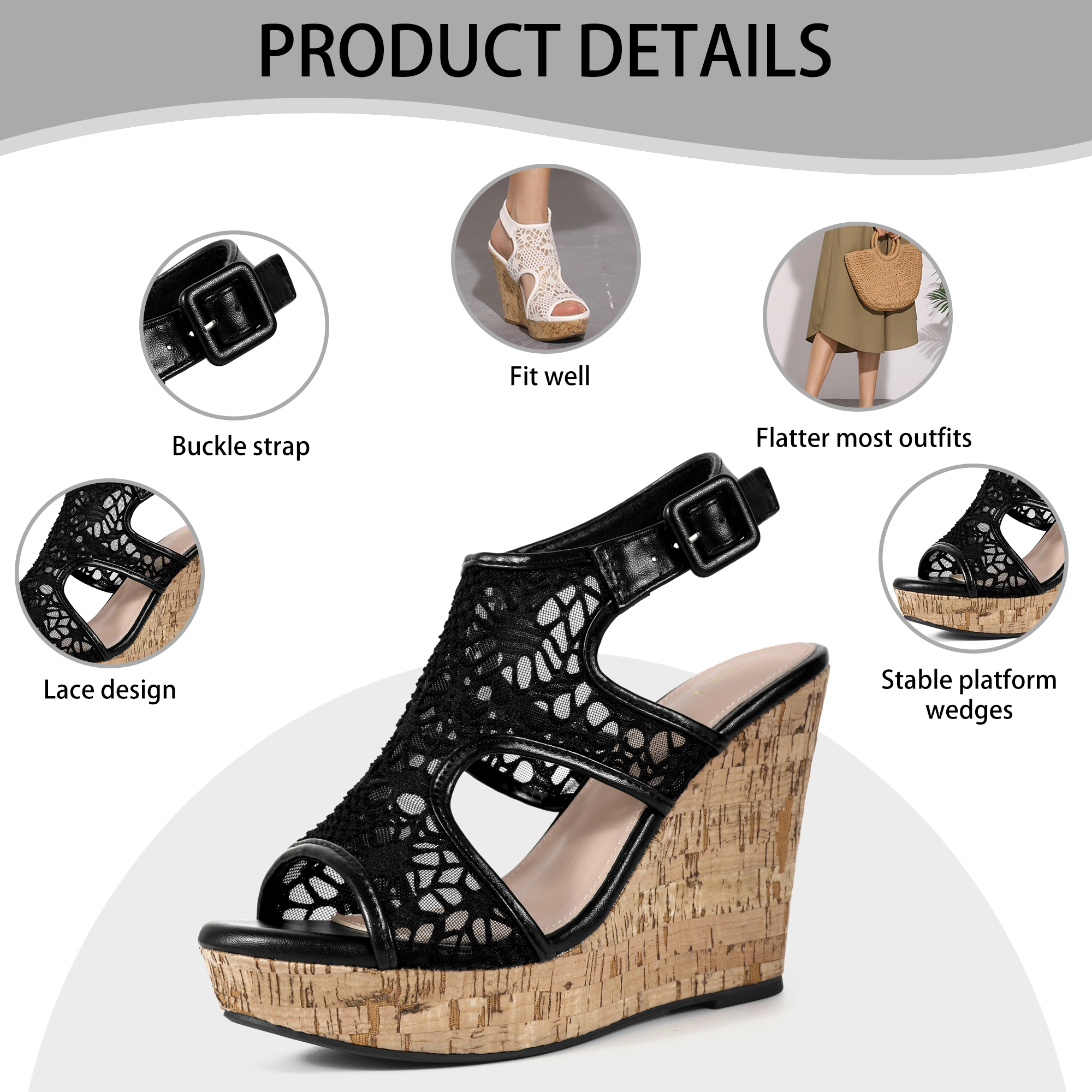 BLISSFUL STEP Women's Lace Open Toe Ankle Strap Platform Wedges Heel Sandals