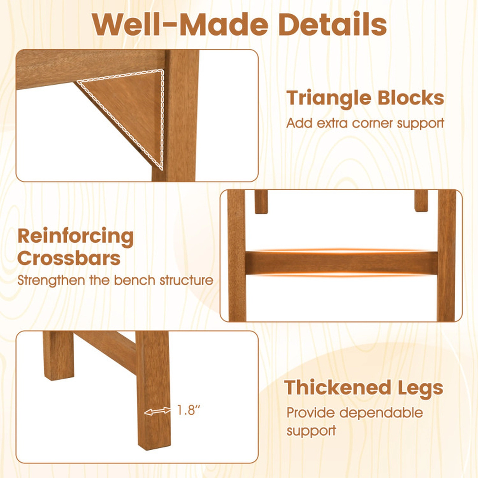 SUGIFT Solid Hardwood Outdoor Bench with Slatted Contoured Seat 530-Lb Capacity Natural