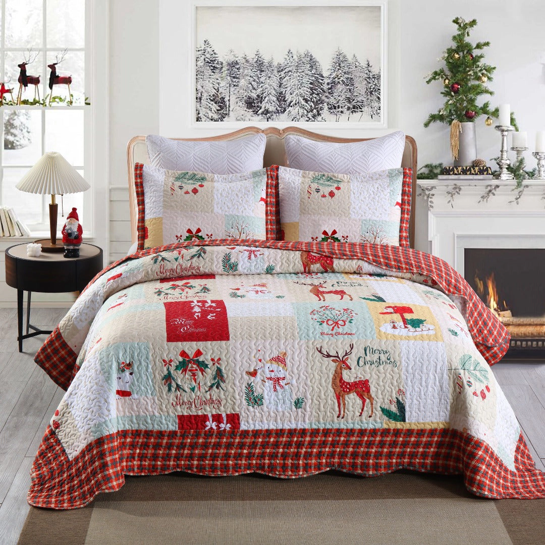 MarCielo 3 Piece Christmas Holiday Quilt Set Patchwork Winter Bedspread Set