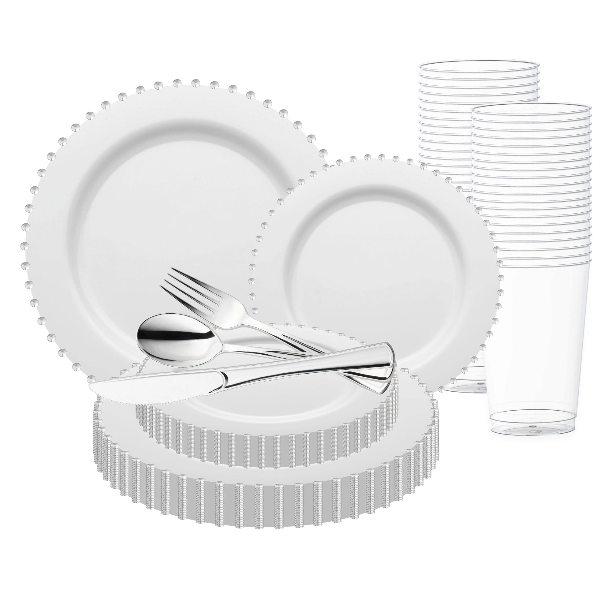 Smarty Had A Party White with Silver Pearl String Round Disposable Plastic Wedding Value Set