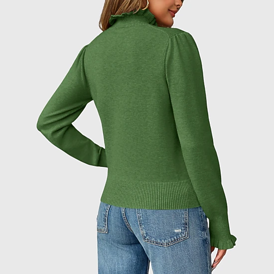 YesFashion Women's Ruffle Mock Neck Sweater Casual Long Puff Sleeve Soft Knit Pullover Tops