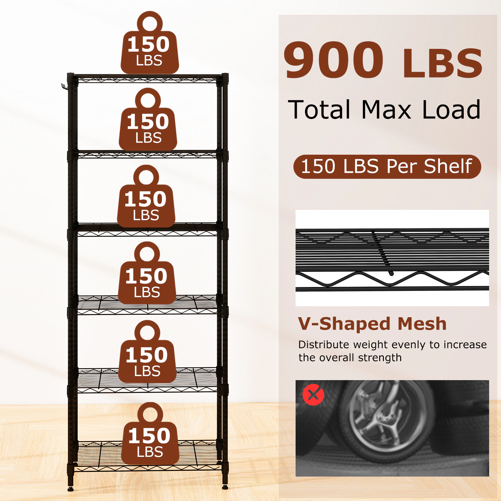 SUGIFT 6-Tier 900-lb Capacity Metal Storage Shelving Unit with V-Shaped Wire Rack and 4 Removable Hooks