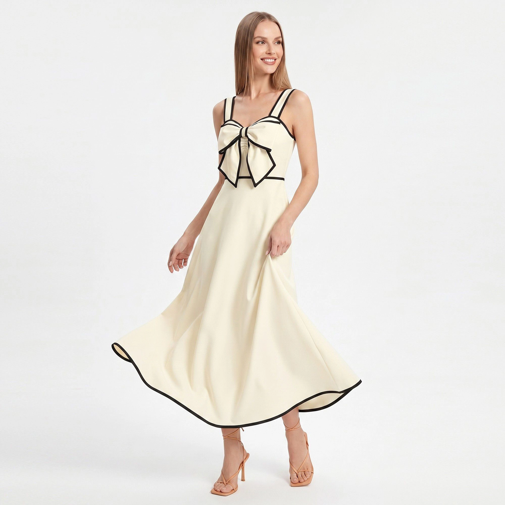 Anna-Kaci Women’s Bow Front Maxi Dress with Contrast Trim and Wide Straps