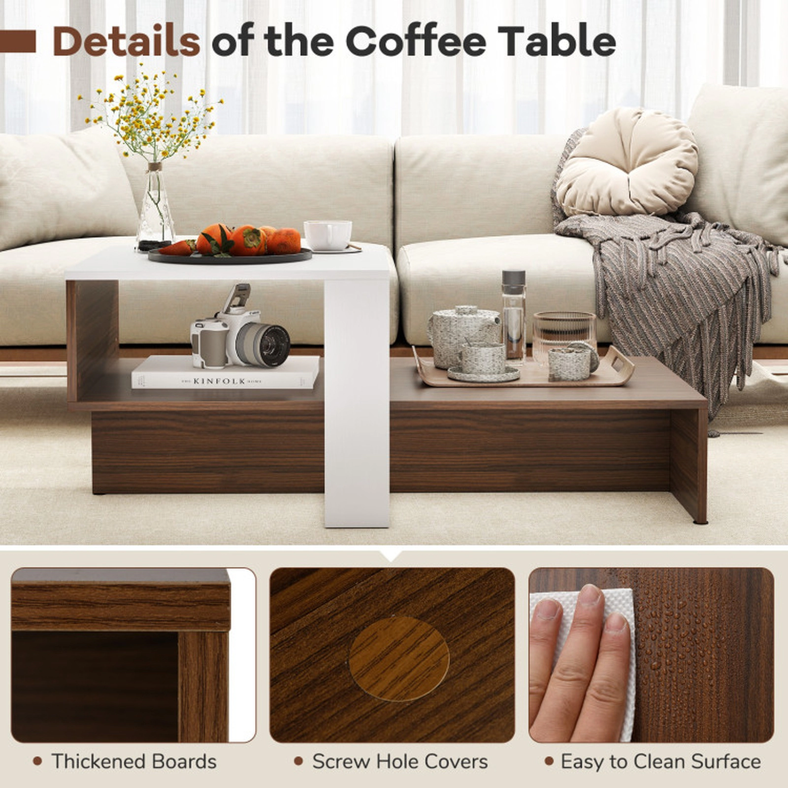 SUGIFT 2-Tier Geometric Interlocking Storage Shelf Brown Base Coffee Table 31-in x 16-in x 13-in 110-lb Capacity White