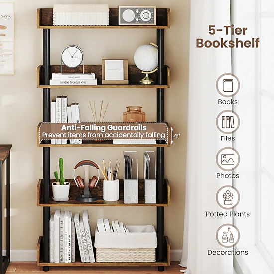 LJG 5-Tier Open Bookcase with Industrial Storage Unit