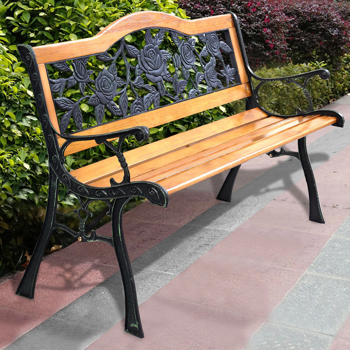 LJG Garden Bench Chair Outdoor Wooden Loveseat with Iron Armrest