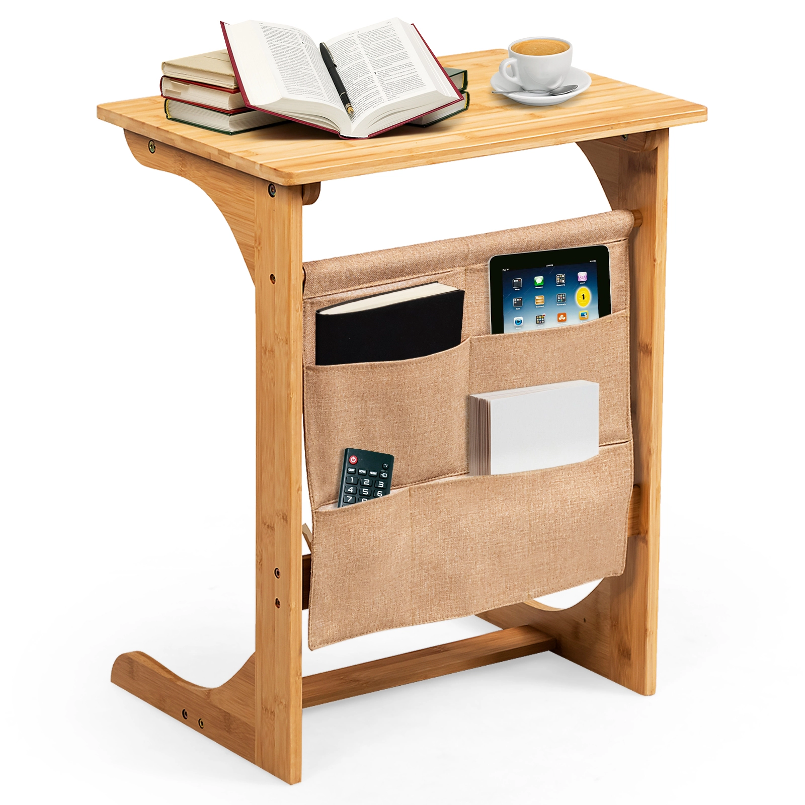 SUGIFT Bamboo Sofa Side Table Natural End Table with Fabric Storage Bag