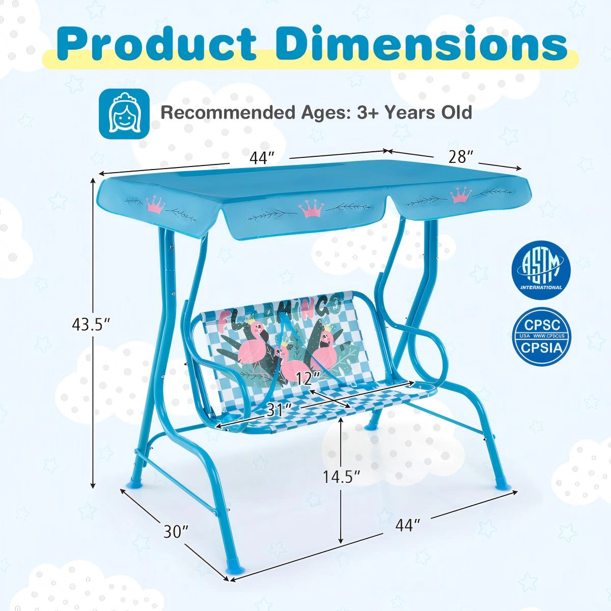 SUGIFT 2-Seat Kids Outdoor Swing with Metal Stand, Canopy and Safety Belts, Navy