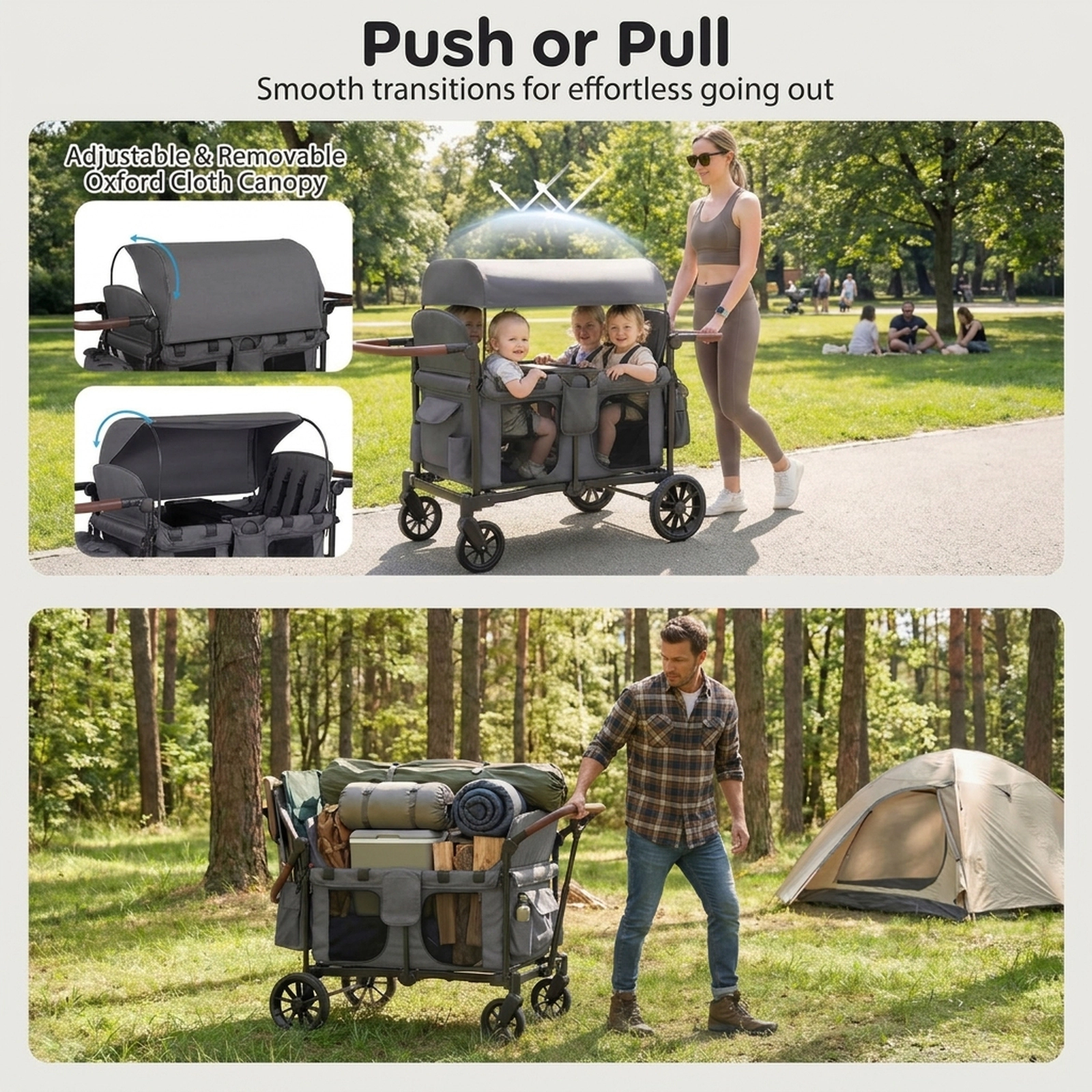 SUGIFT Foldable 4-Seater Push-Pull Wagon Stroller 35-lb Capacity Ages 6-36 Months Black/Gray