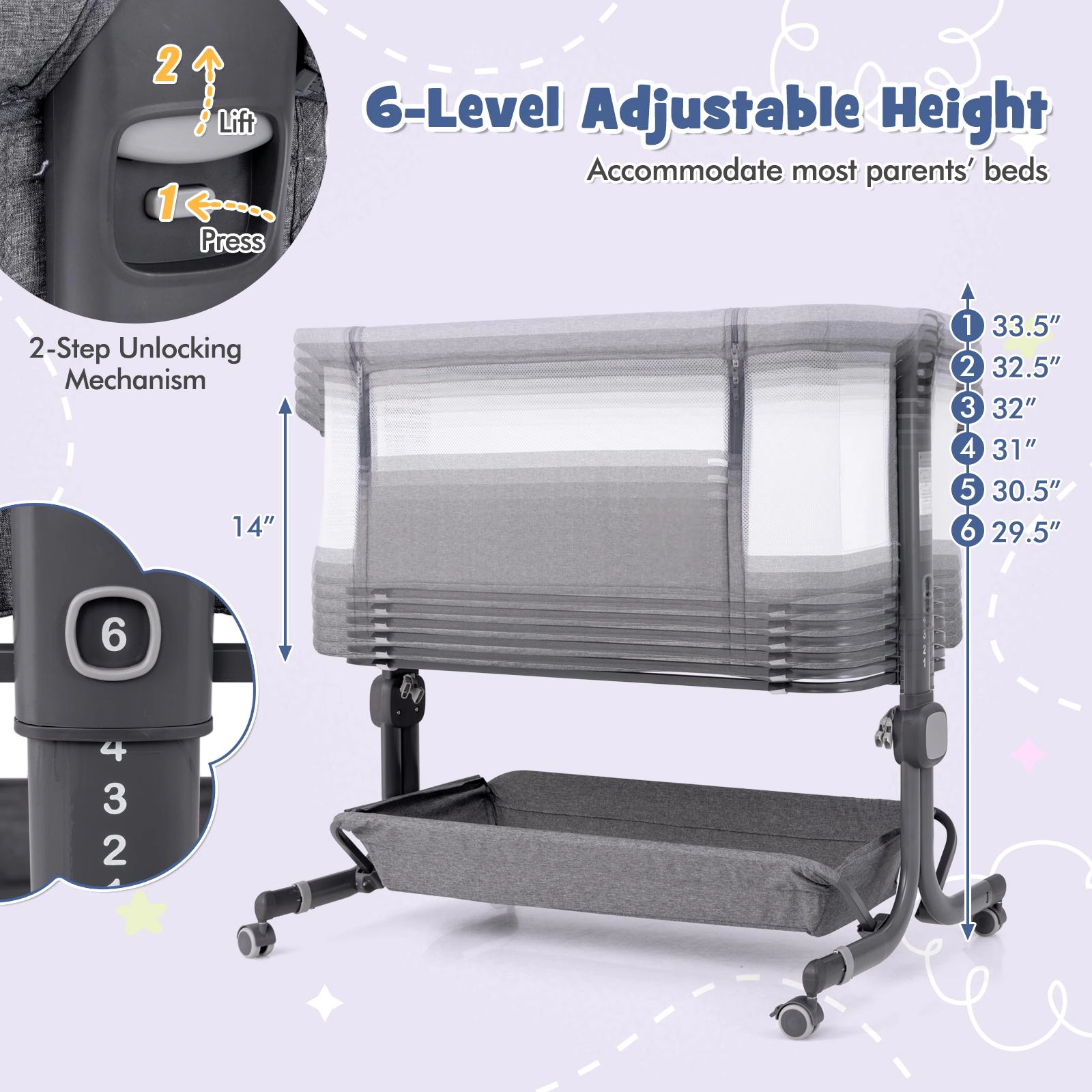 SUGIFT 3-in-1 Baby Bassinet Bedside Sleeper with 6-Position Adjustable Height 20-lb Capacity Ages 0-6 Months Gray