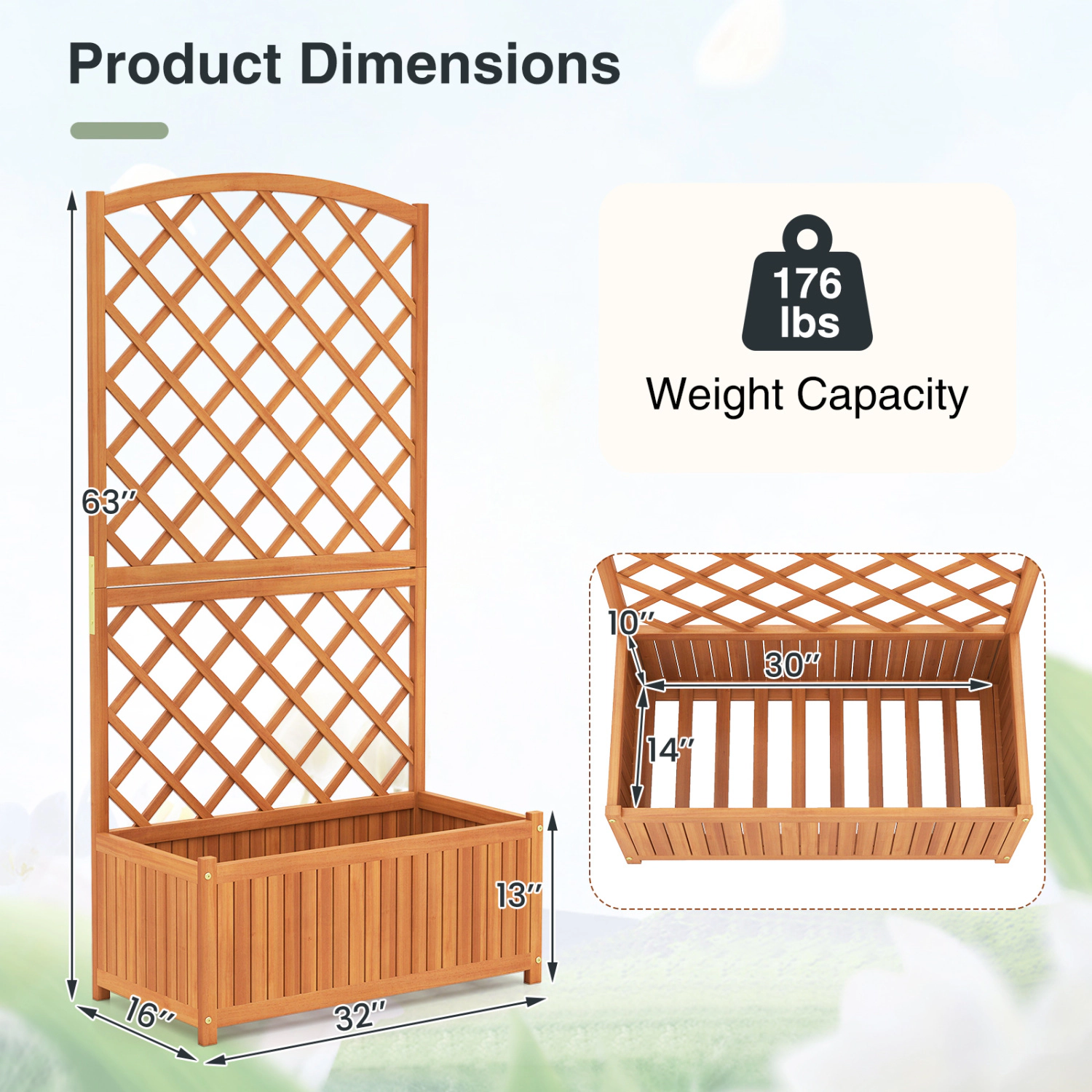 SUGIFT 63-in Tall 176-lb Capacity Acacia Wood Raised Garden Bed with Diamond Trellis and Slatted Base