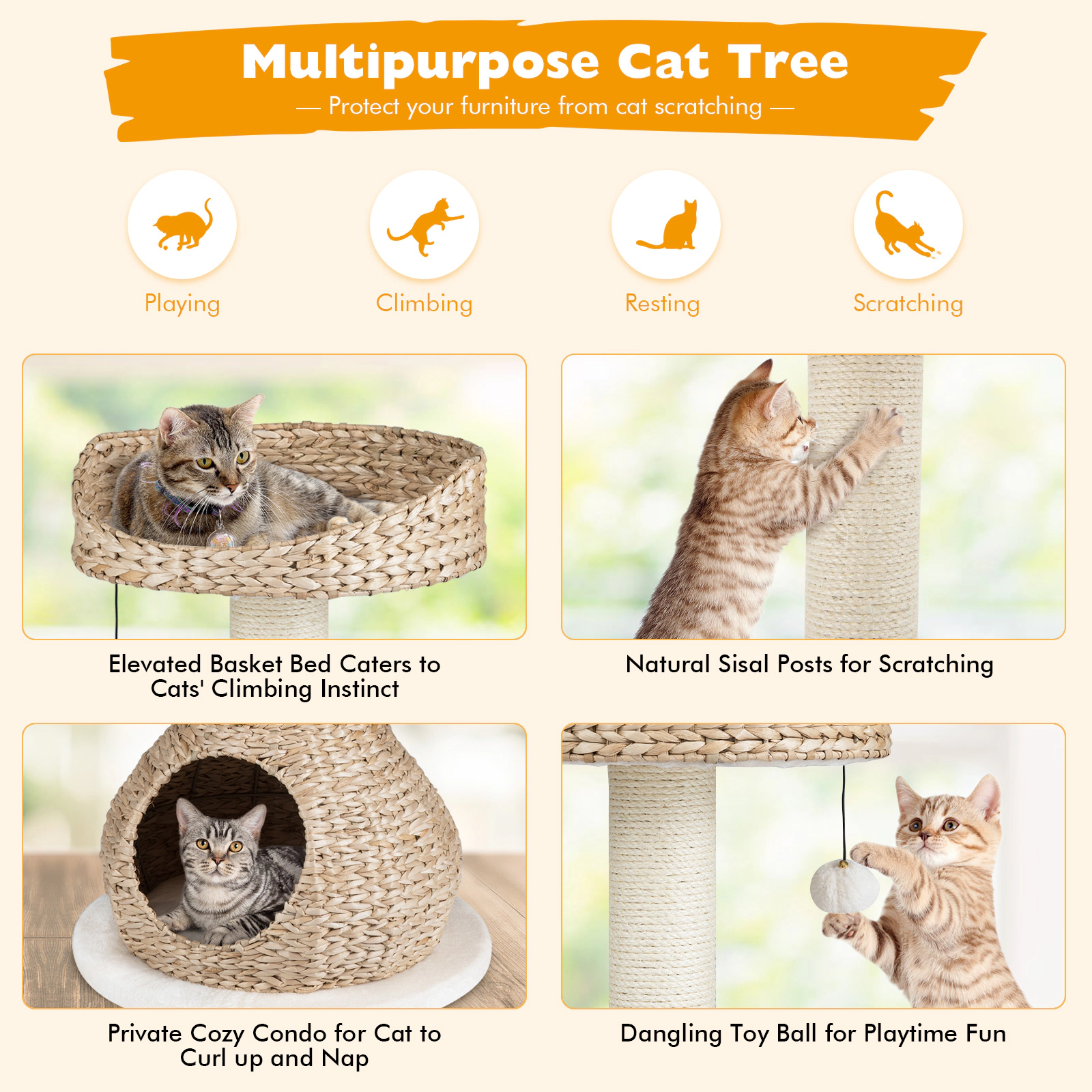SUGIFT 28-in Dark Coffee Hand-Woven Cat Tree with Water Hyacinth House Sisal Post and 14-in Platform