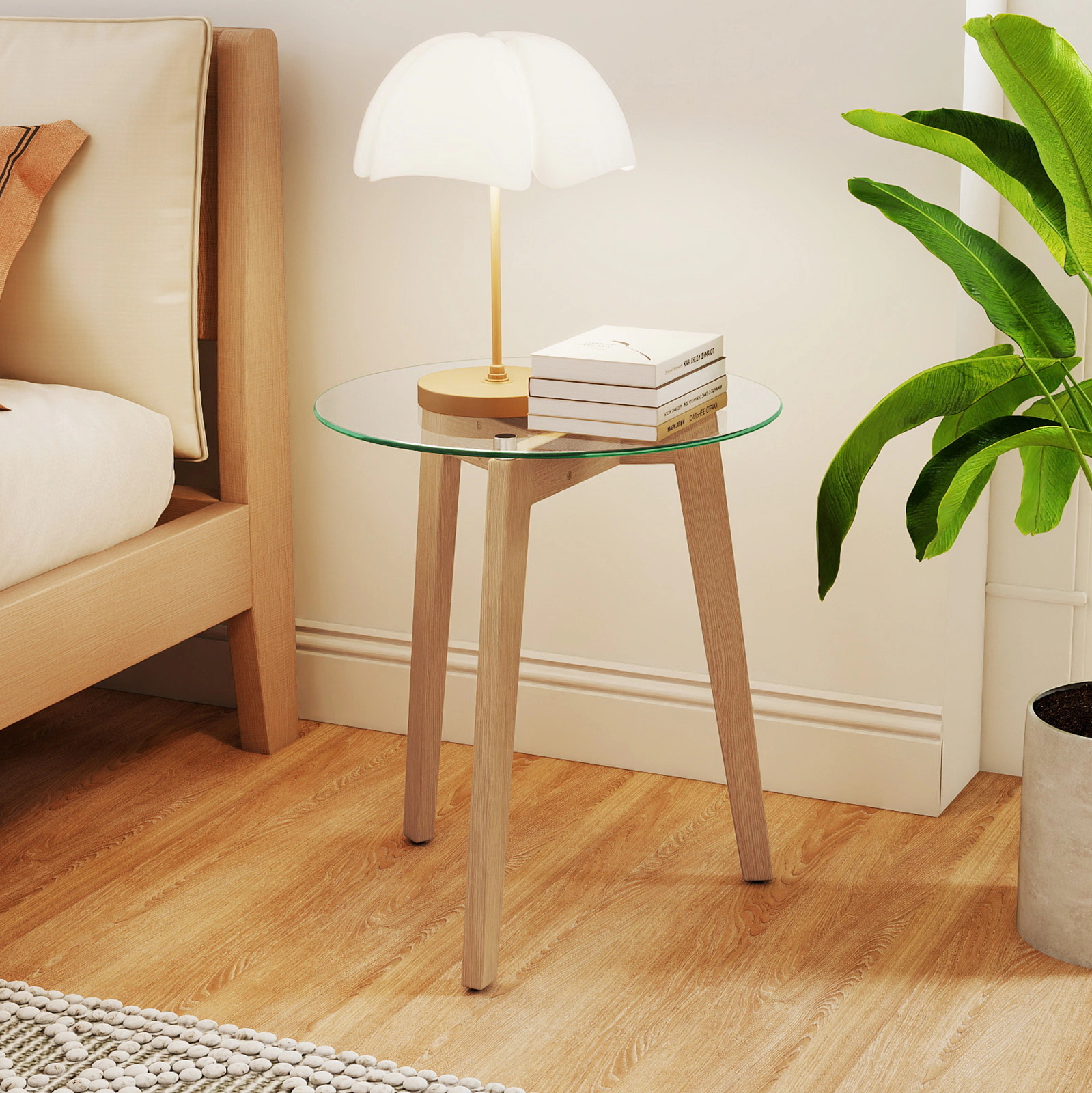 Glintex 2-Piece Round Tempered Glass End Table Set with Rubber Wood Legs, Transparent