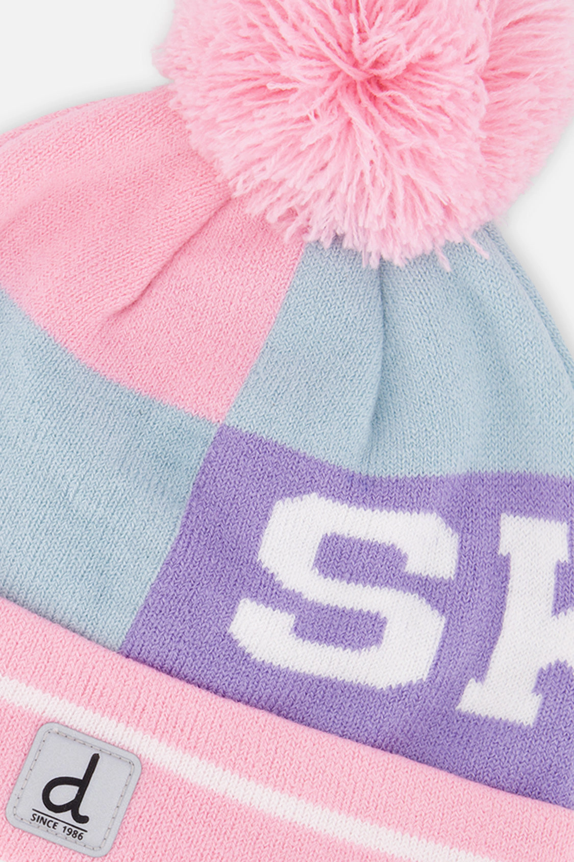 Deux par Girls SKI Text Color Block Winter Knit Hat with Pompom