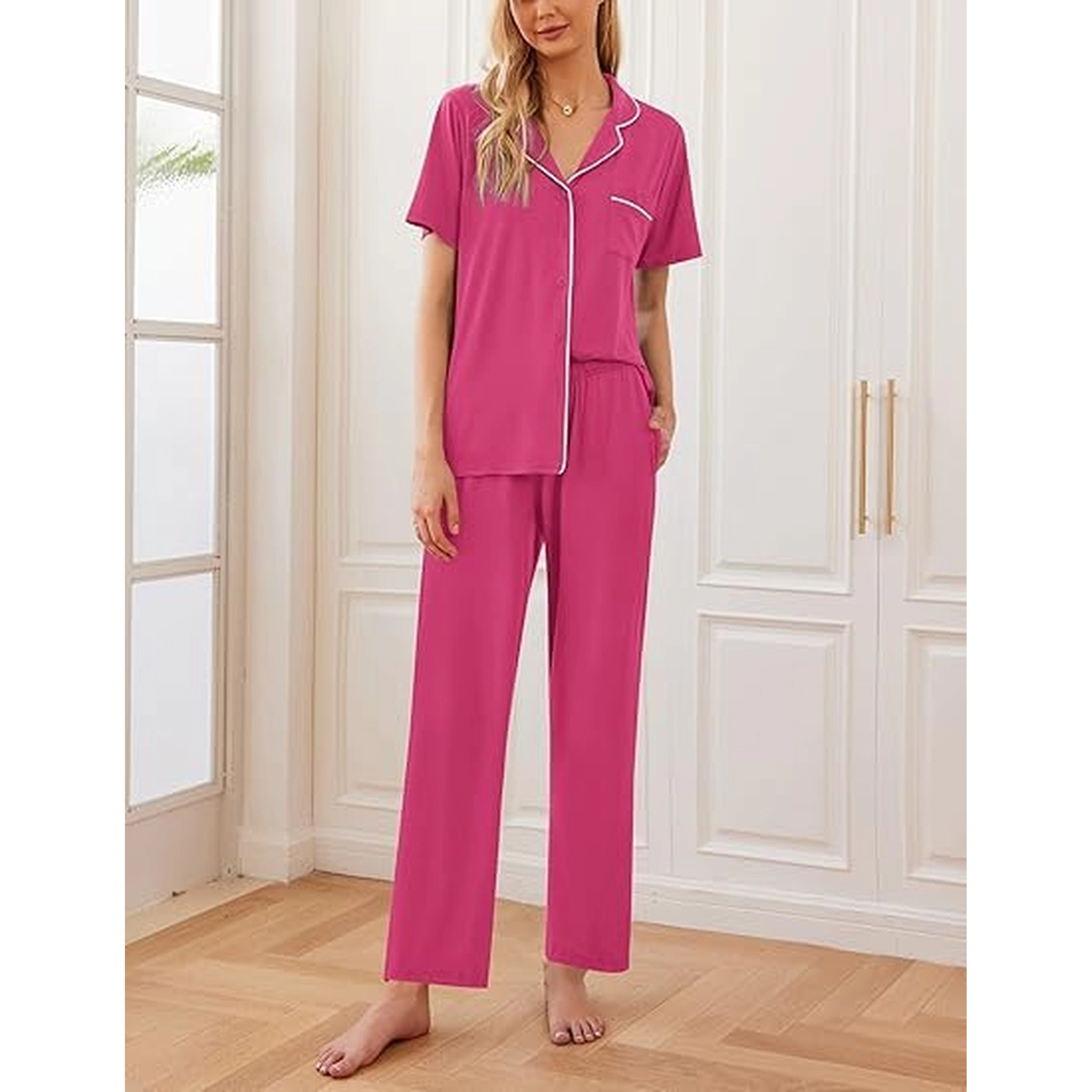 Ekouaer Women's Notched Collar Short Sleeve Pajama Set with Pants