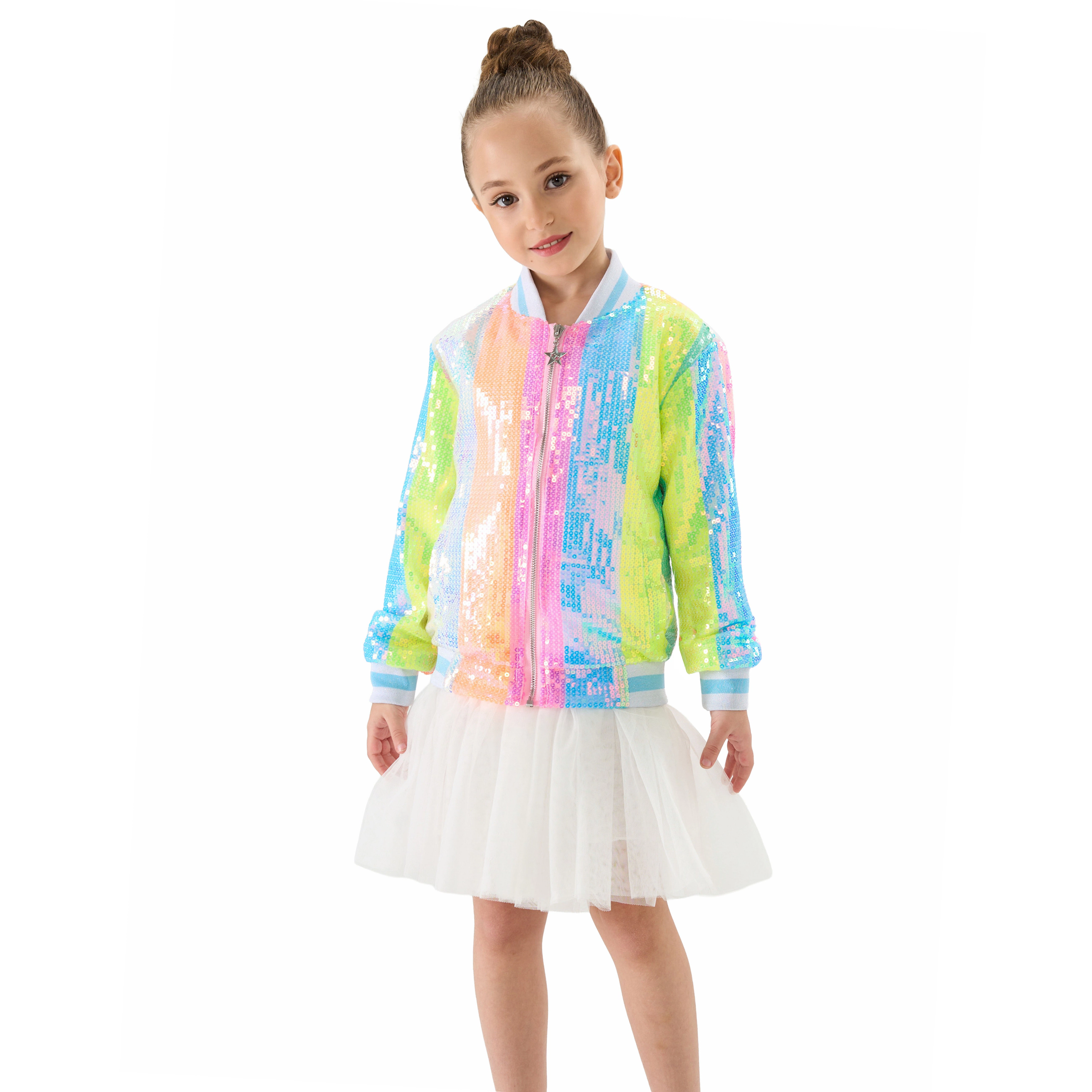 2Bunnies Girls’ Neon Pastel Stripe Sequin Bomber Jacket