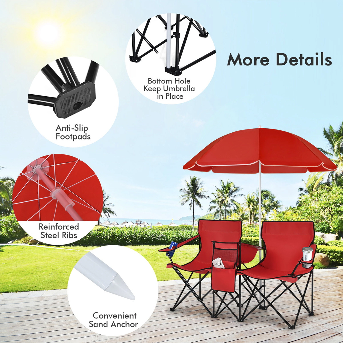 SUGIFT Red Double Folding Picnic Chair with Removable Umbrella and Cooler Bag 63-in W 22-in D 270-lb Per Seat