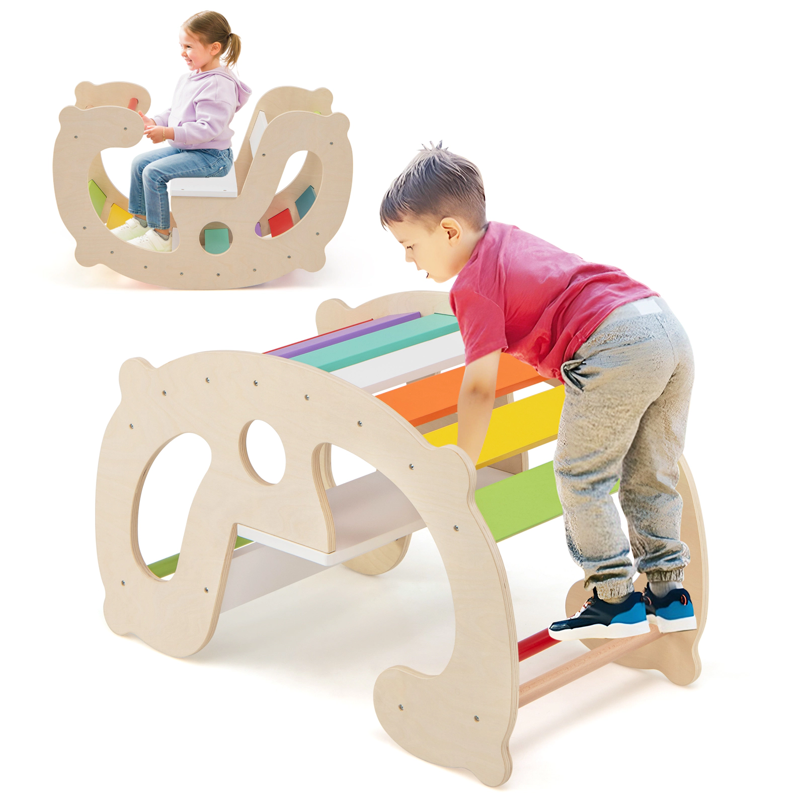 LJG 2-in-1 Rocking Horse Arch for Kids Montessori Climbing Toys with Climber