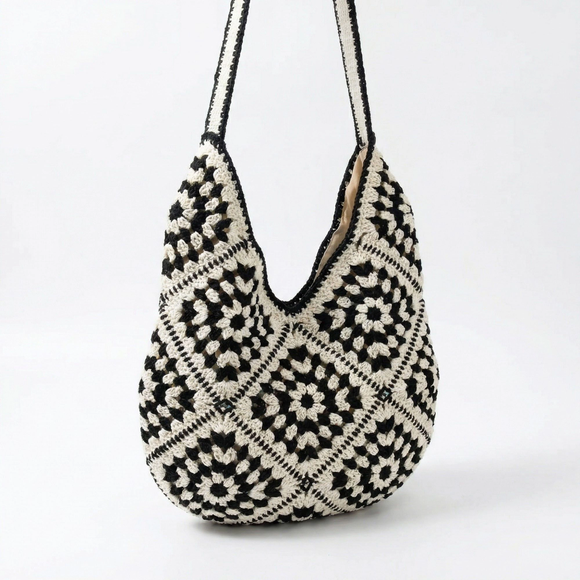 Alilang Women's Crochet Shoulder Bag with Open Knit Pattern Slouchy Hobo Silhouette and Wide Strap 15.3x12.2x0.8in
