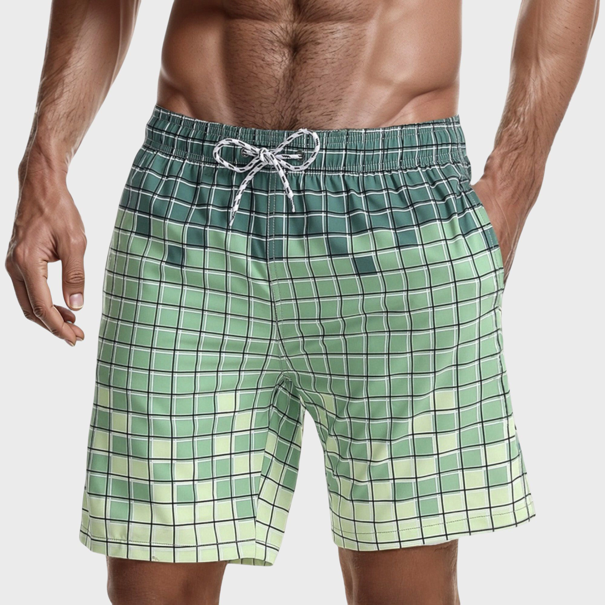 Anna-Kaci Men's Gradient Checkered Swim Trunks with Adjustable Drawstring Waistband and Quick-Dry Lightweight Fabric