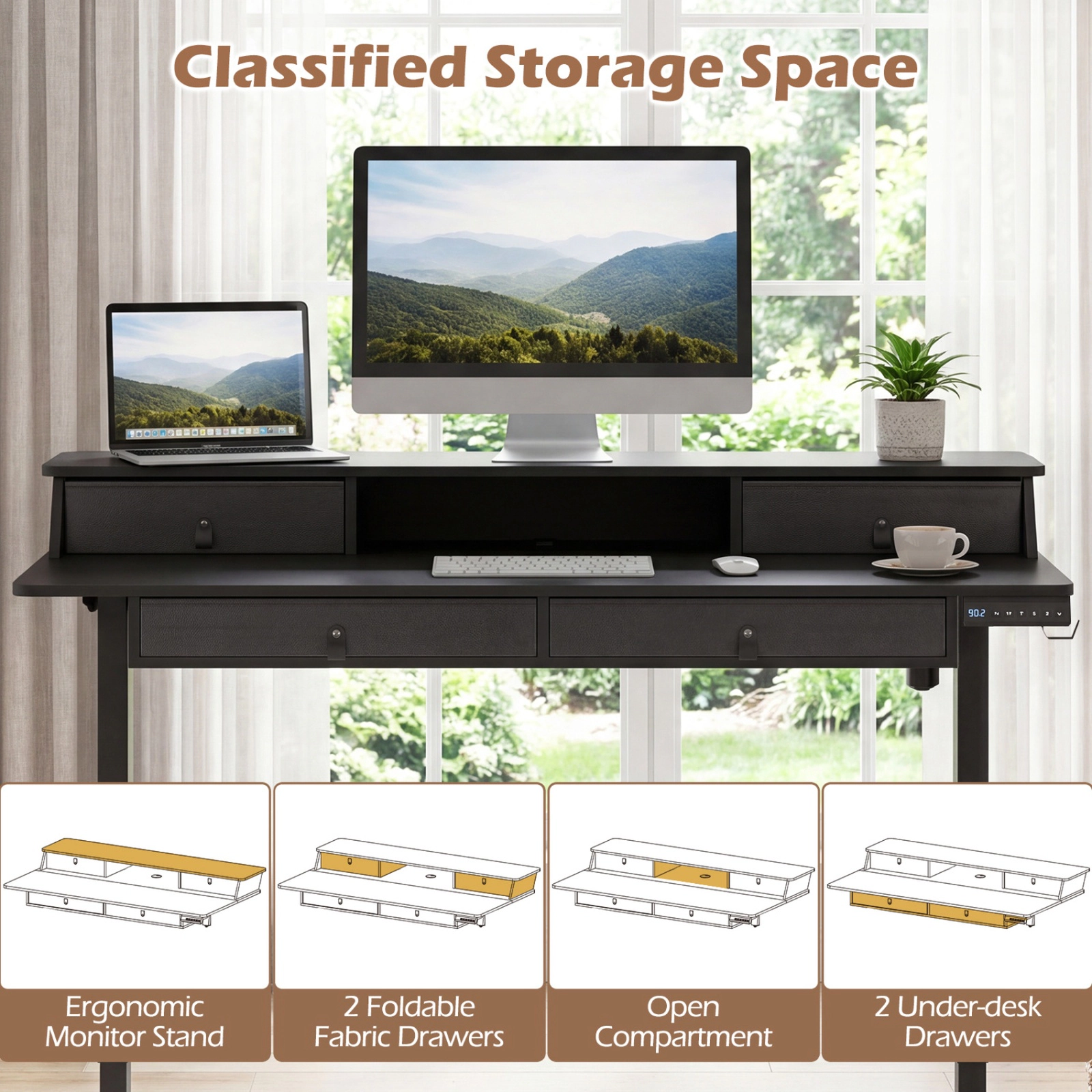 SUGIFT 55 x 27 in. Black Electric Height-Adjustable Standing Desk with 4 Drawers
