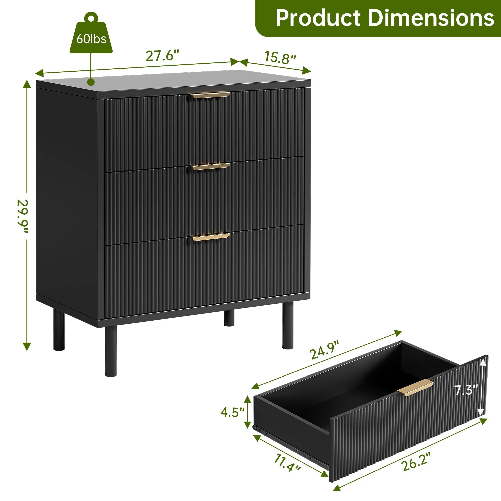 Fluted 3 Drawer Modern Dresser with Metal Legs, Wood Storage Chest for Bedroom Living Room