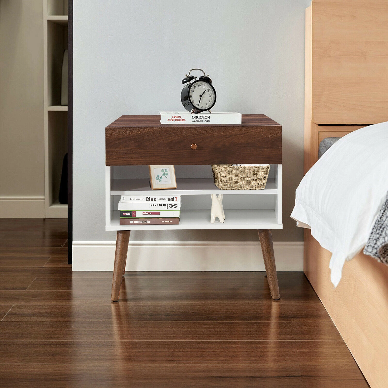 SlickBlue Retro Nightstand with Drawer and Open Storage Shelves