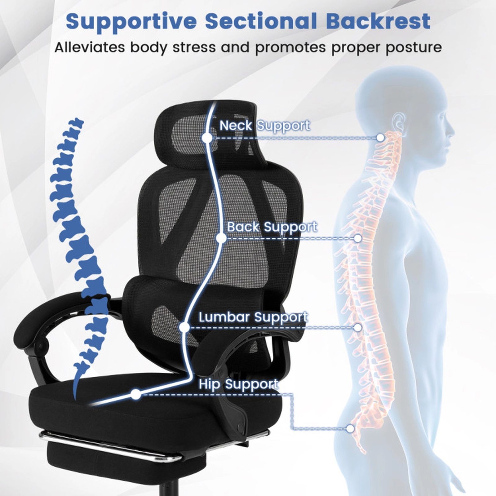 SUGIFT High Back Retractable Footrest Adjustable Lumbar Mesh Office Chair 27.5-in x 27.5-in x 44.5-in 350-lb Black