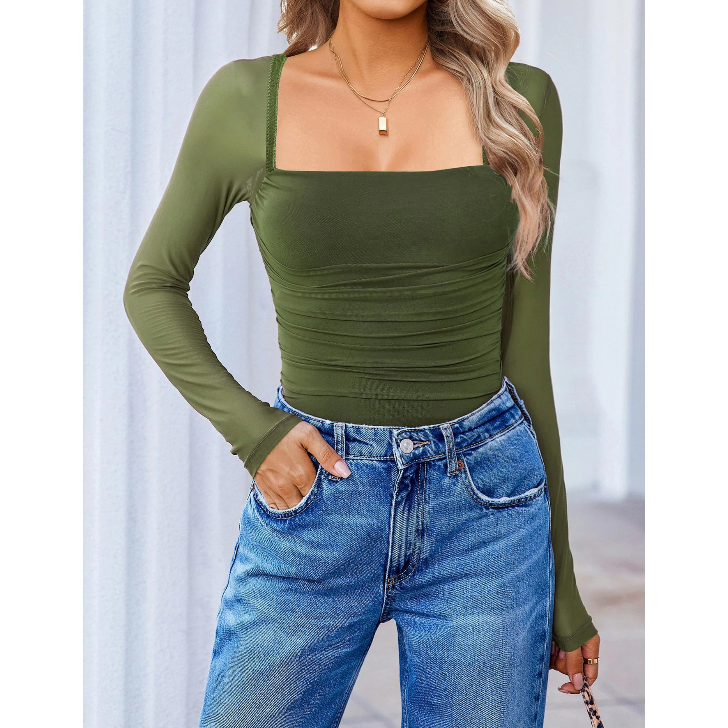 Avidlove Women's Mesh Long Sleeve Square Neck Ruched Bodysuit