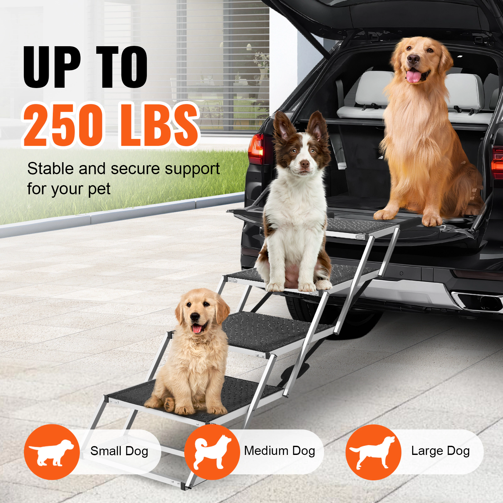 HONGGE 4-Step Wide Aluminum Dog Car Stairs, Adjustable 26.8-34.8 in Height, Folds Compact, Supports up to 250 lbs