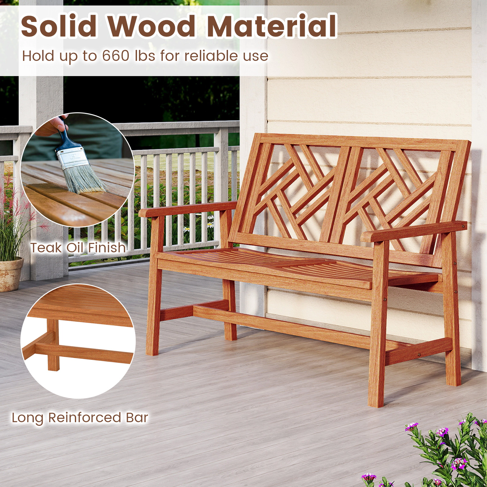 SUGIFT 48 in Outdoor Bench Natural Hardwood 2-Person Patio Loveseat with Geometric Backrest