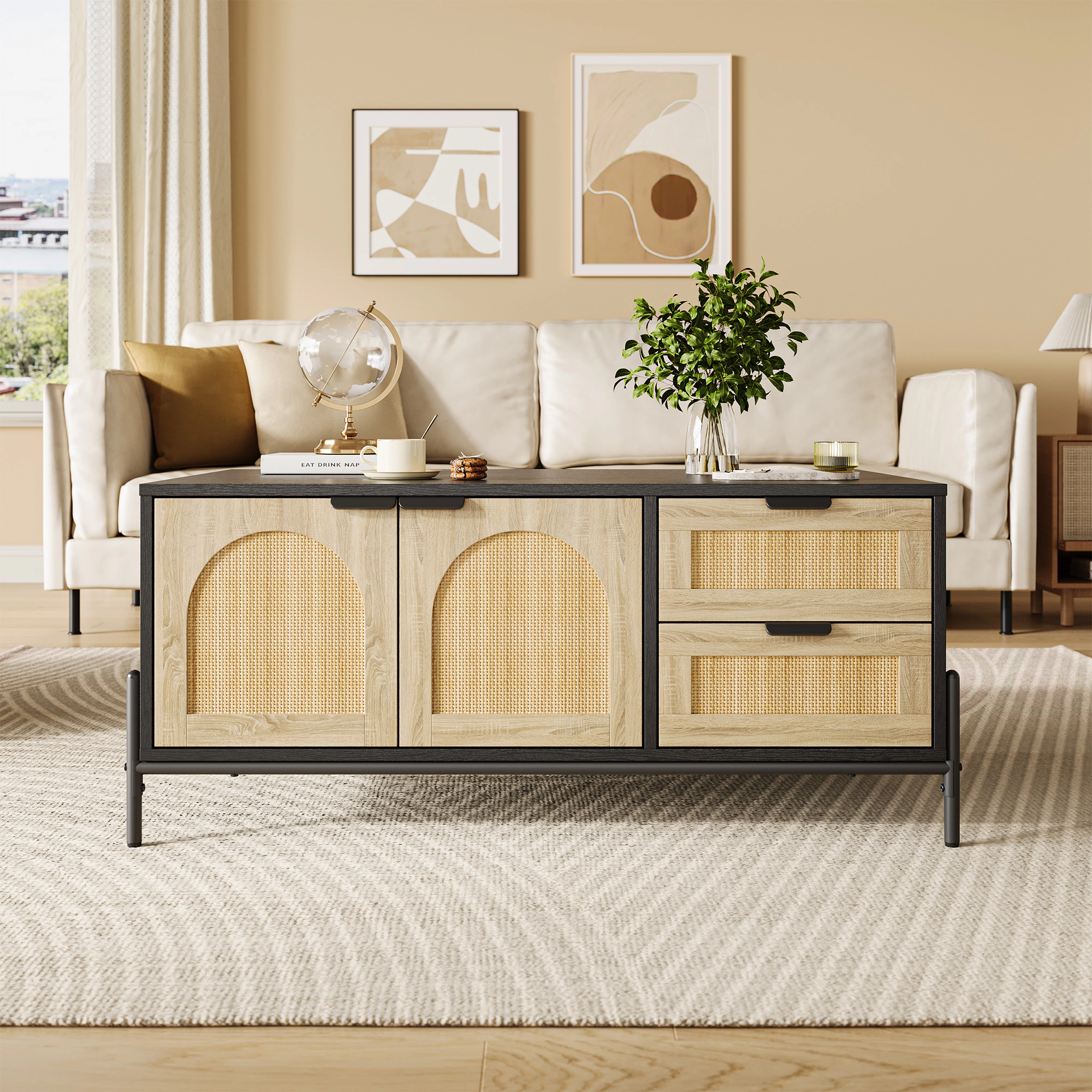BebreezChic Rattan Coffee Table with LED Lights, Rectangular Center Table for Living Room - 2 Storage Drawers