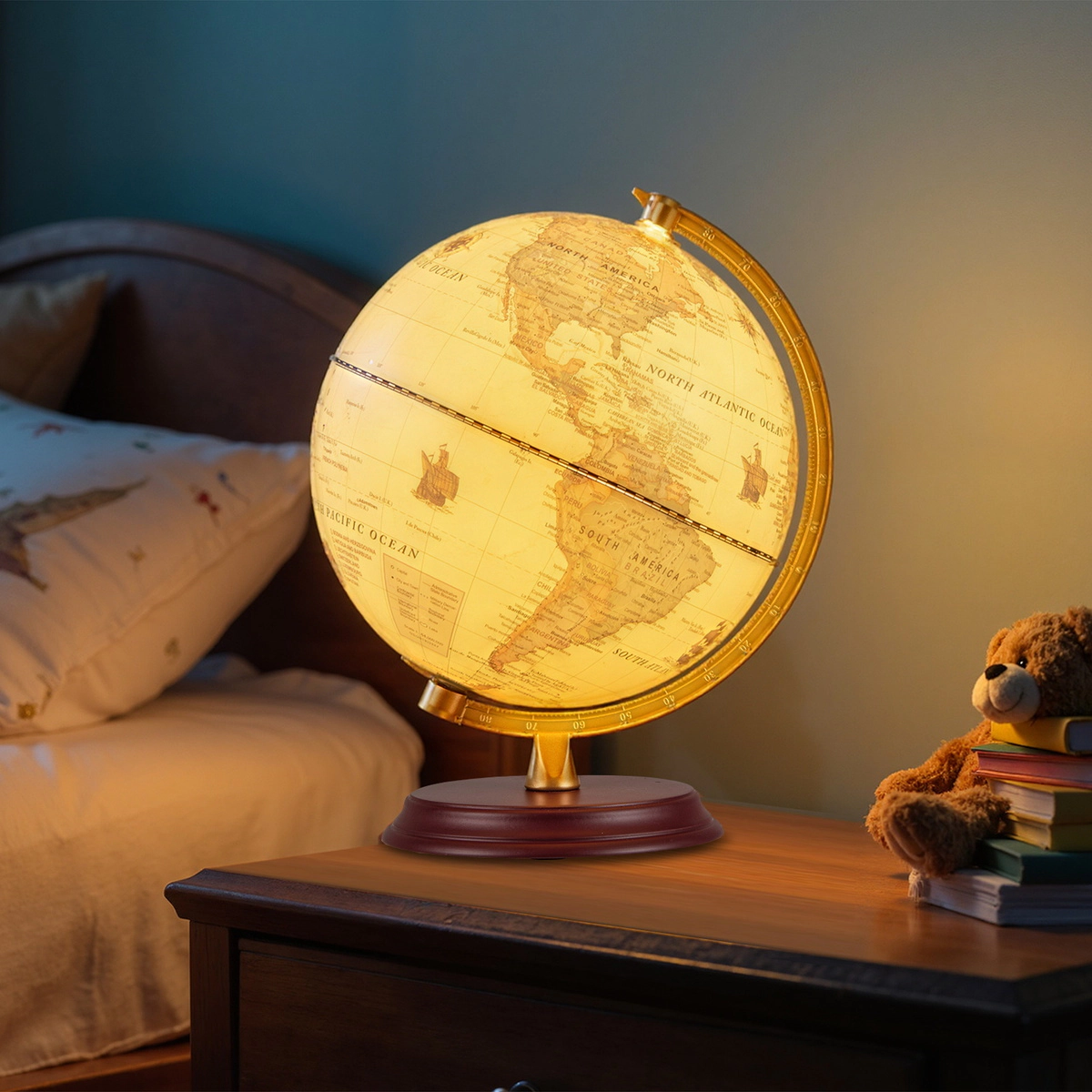 SUGIFT Kids Antique Style LED Light Up Wooden Stand World Globe 8-in Diameter 8.5-in x 8.5-in x 10.5-in Bronze