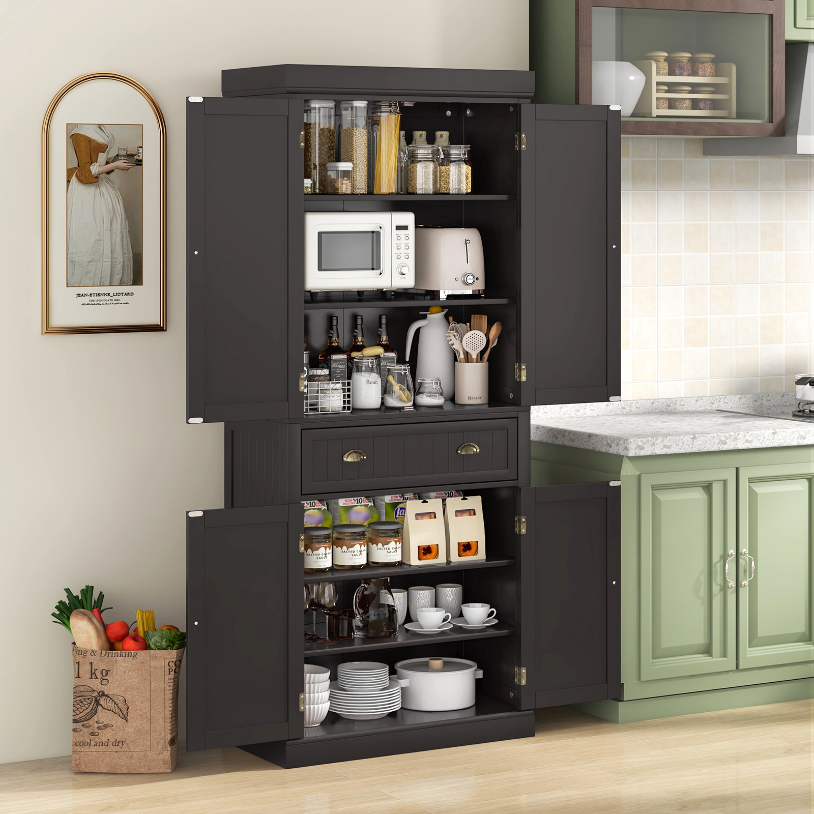 SUGIFT 72-in Tall Black Kitchen Pantry Cabinet with 4 Doors Adjustable Shelves and Freestanding Cupboard