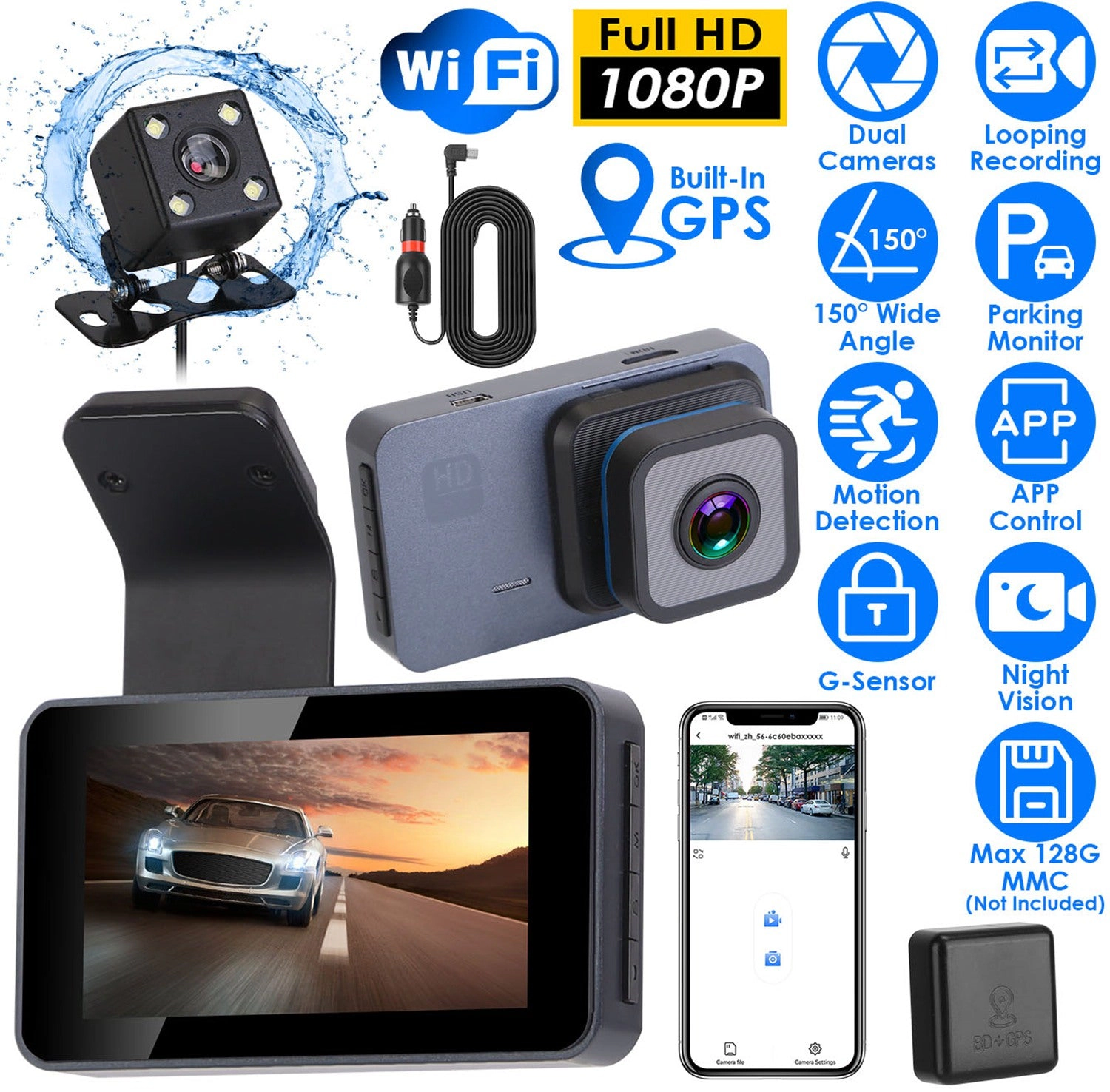 GBruno 1080P Dual Lens Dash Cam With WiFi GPS