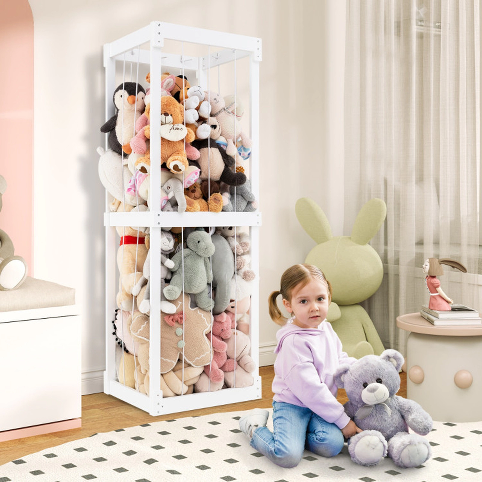 SUGIFT Kids 300L Elastic Cords Open Top Birch Plywood Stuffed Animal Toy Storage Holder 20.5-in x 18-in x 60-in White