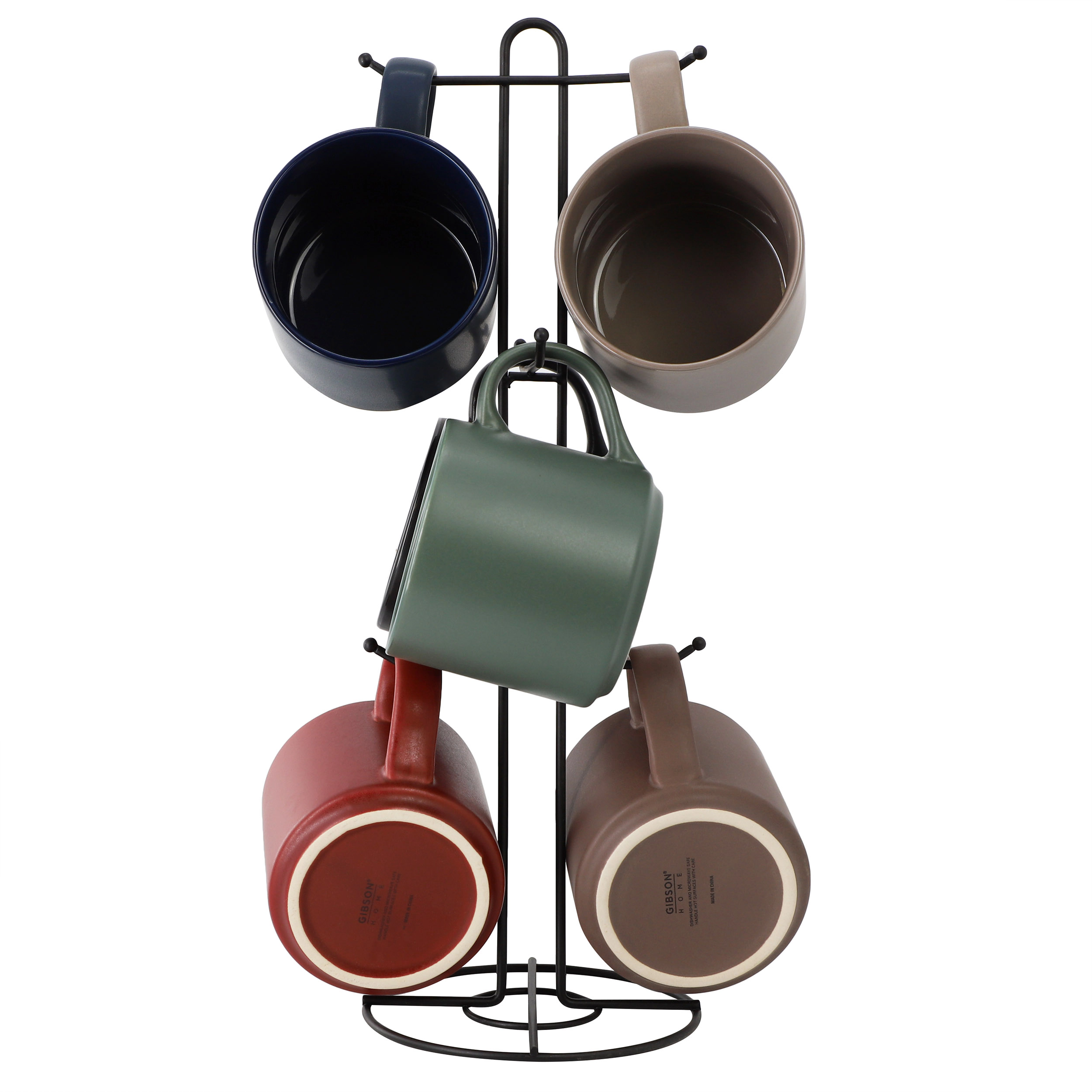 Gibson Home Dutch Yard 7 Piece 16oz Stoneware Mug Set with Metal Rack in Multi-Color