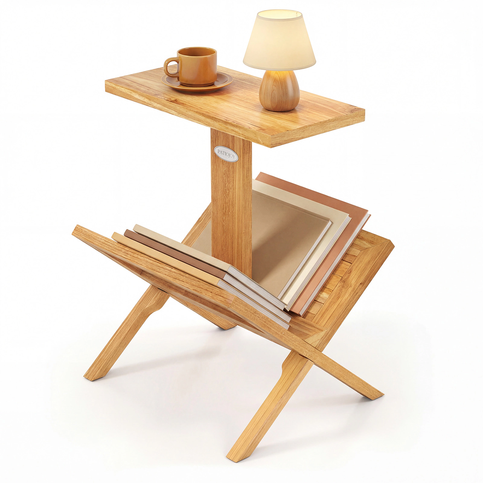 Glintex 2-Tier Teak Wood Side Table with Angled Magazine Rack Shelves, Natural