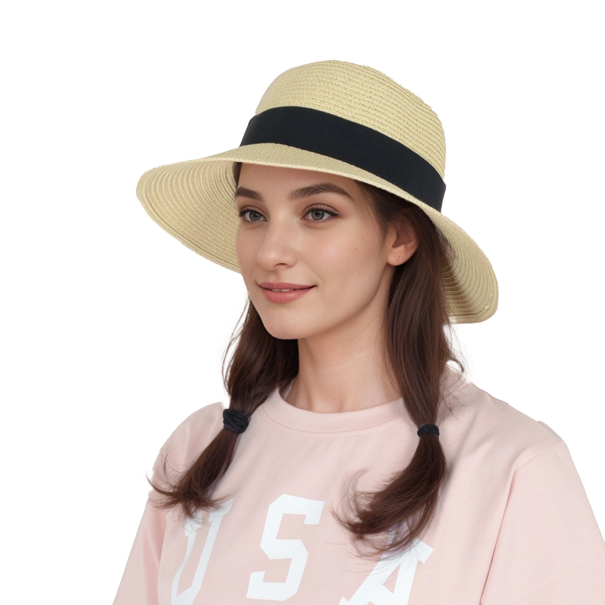 Anna-Kaci Women's Wide Brim Straw Sun Hat with Black Ribbon Bow Adjustable Chin Strap Inner Sweatband