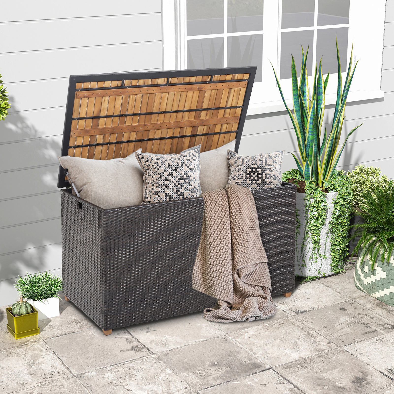 SUGIFT 134-Gallon Zippered Liner Acacia Wood Top PE Rattan Patio Storage Box 51-in x 28.5-in x 28-in 165-lb Top Brown