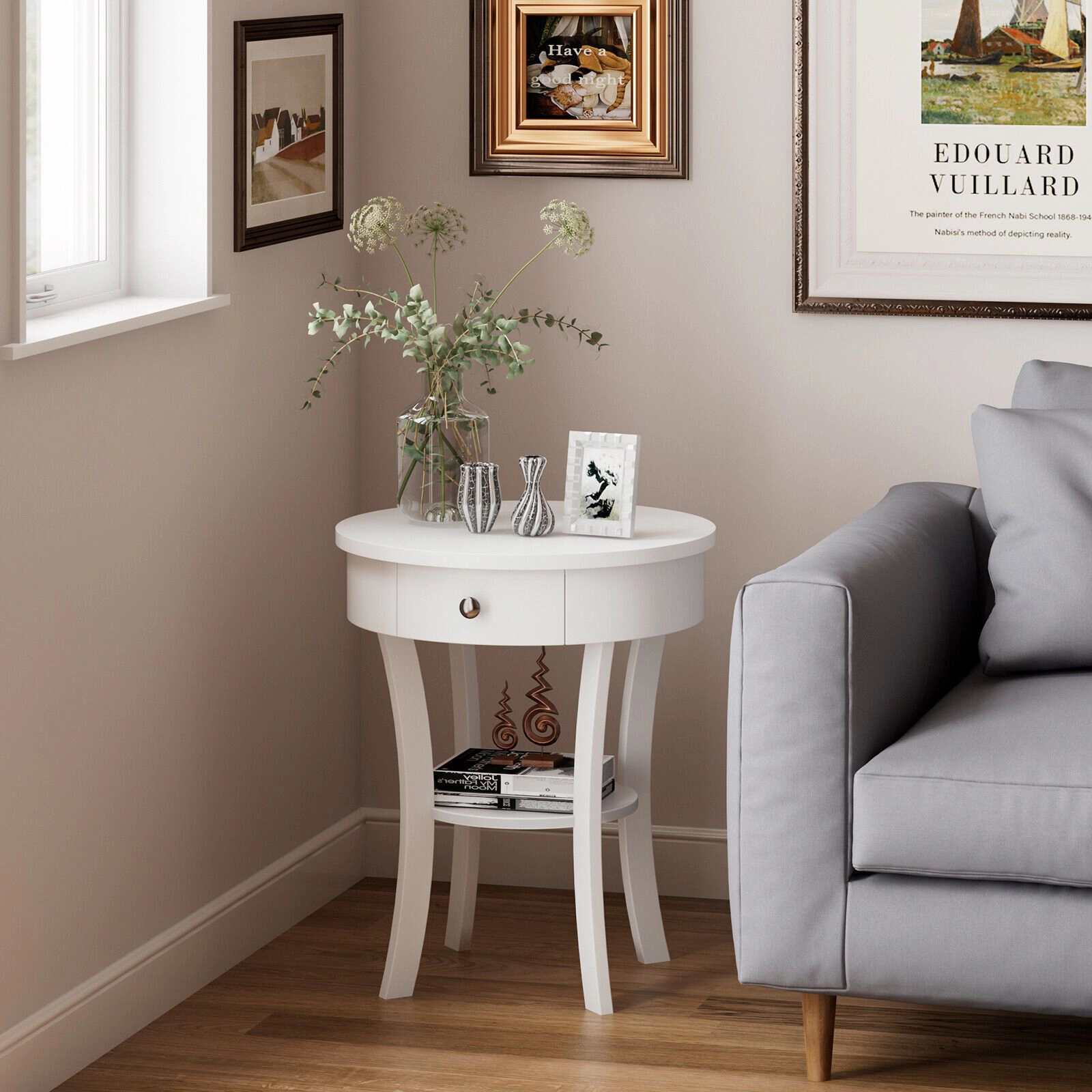 SlickBlue Modern Round End Table with Drawer and Storage Shelf